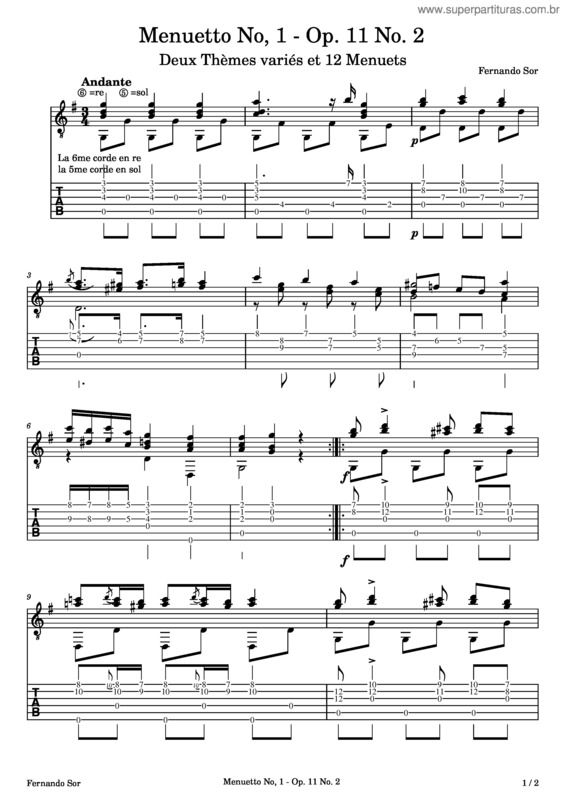 Partitura da música Menuet No.1 Of 2 Thèmes Variés And 12 Menuets, Op.11 No.2 – Fernando Sor