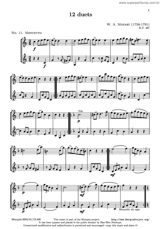 Partitura da música Menuetto v.2