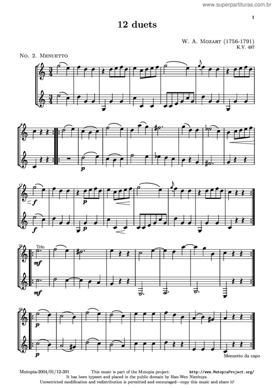 Partitura da música Menuetto