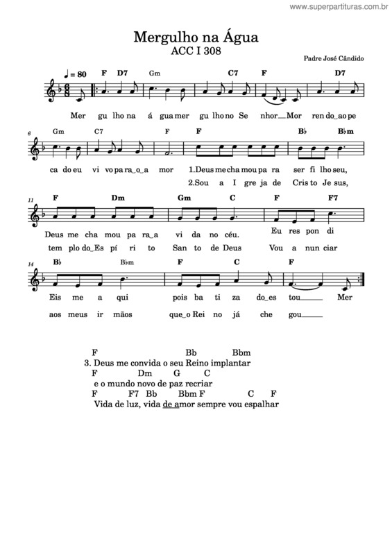 Partitura da música Mergulho Na Água – Padre José Cândido Mergulho Na Água