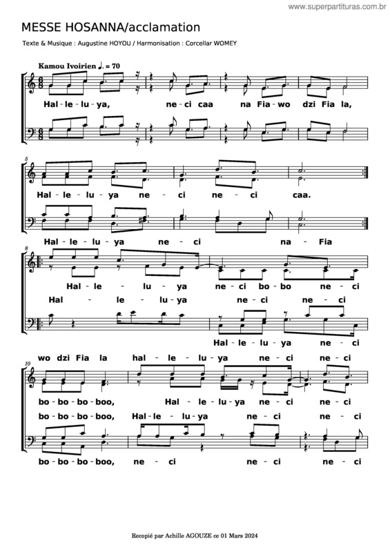 Partitura da música Messe Hosanna Acclamation Cond – Agouzekossi