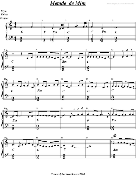 Partitura da música Metade de Mim