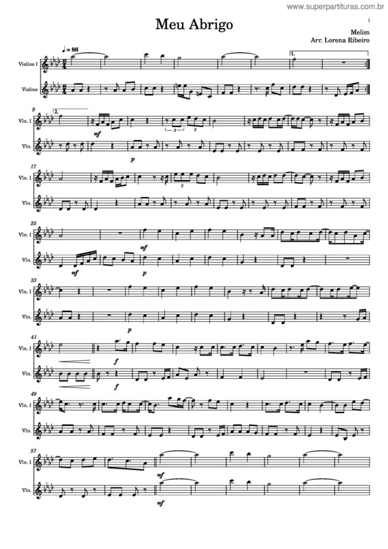 Partitura da música Meu Abrigo – Melim