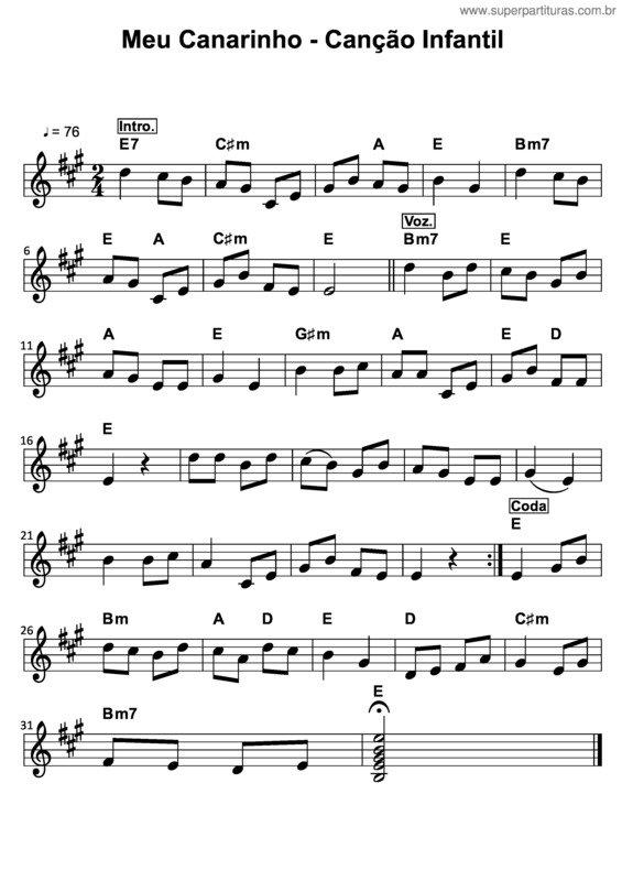 Partitura da música Meu Canarinho