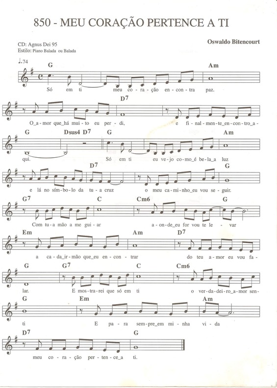 Partitura da música Meu Coração Pertence a Ti