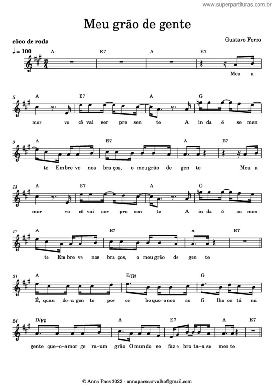 Partitura da música Meu Grão De Gente – Gustavo Ferro