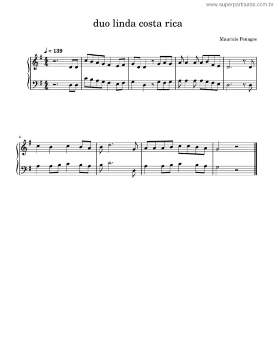 Partitura da música Mi Linda Costa Rica – Mauricio Penagos