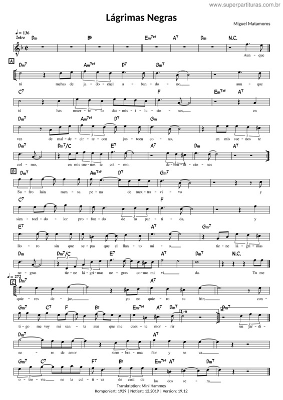 Partitura da música Miguel Matamoros – Lágrimas Negras