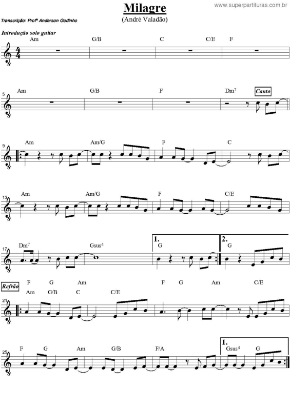 Partitura da música Milagre v.2