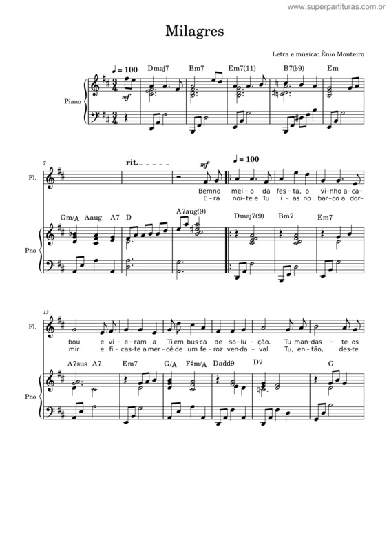 Partitura da música Milagres – Ênio Monteiro