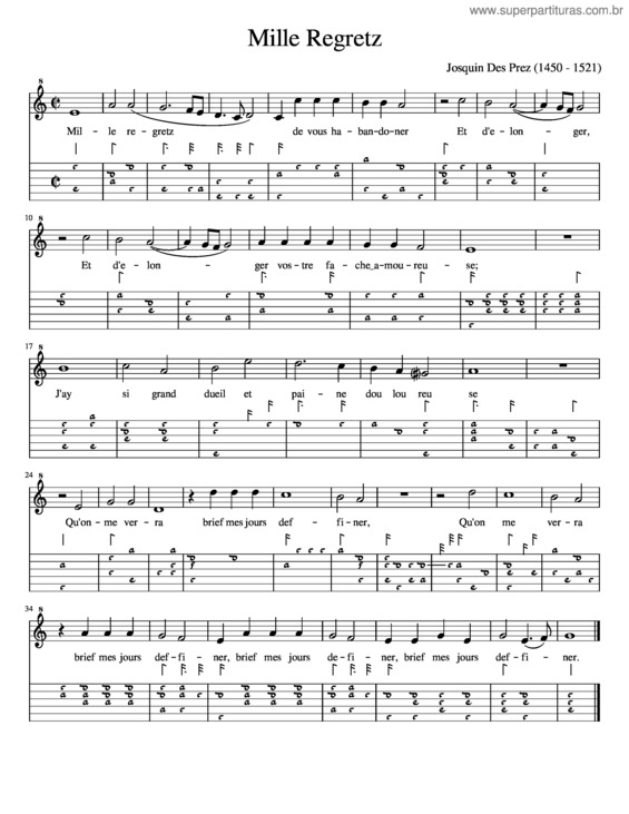 Partitura da música Mille Regretz – Josquin Des Prez Mille Regretz For Lute And Voice