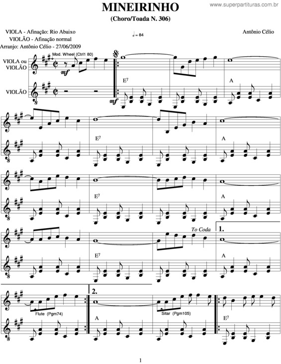 Partitura da música Mineirinhon