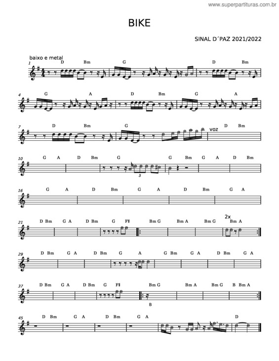 Partitura da música Minha Bike – Sinal D`Paz