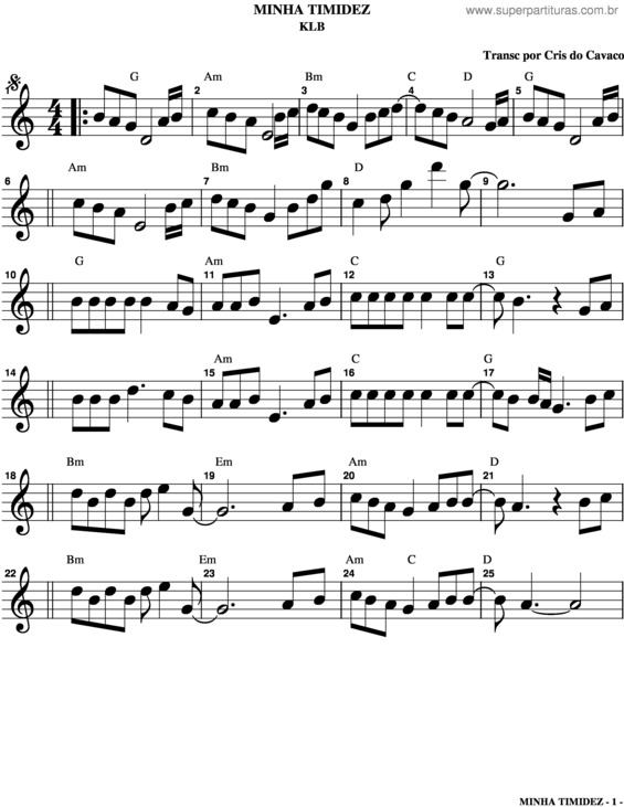 Partitura da música Minha Timidez