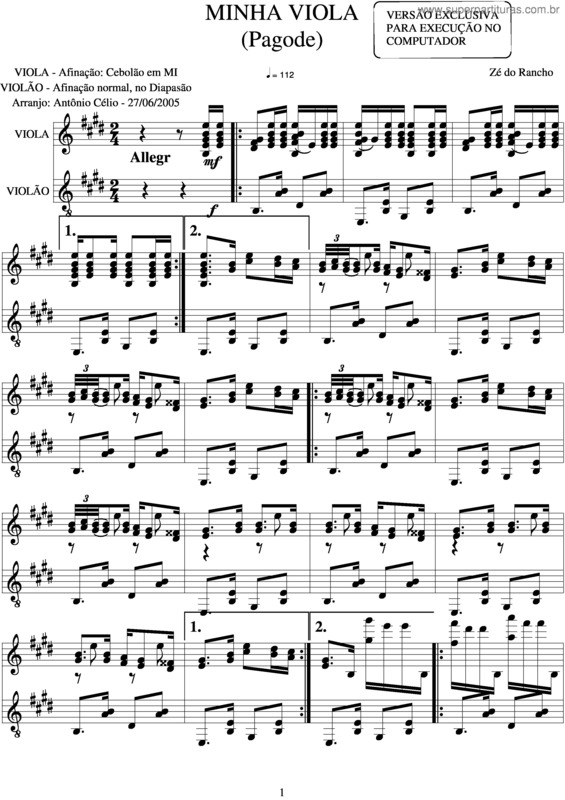 Partitura da música Minha Viola