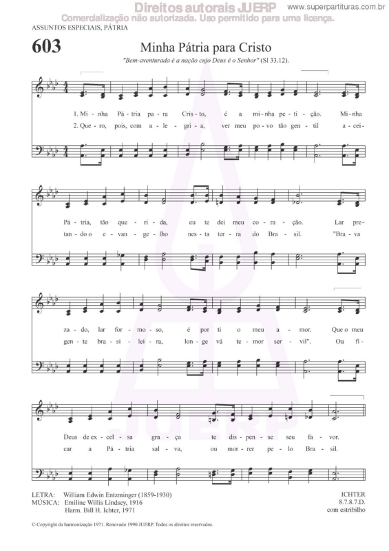 Partitura da música Minhas Pátria Para Cristo - 603 HCC v.2