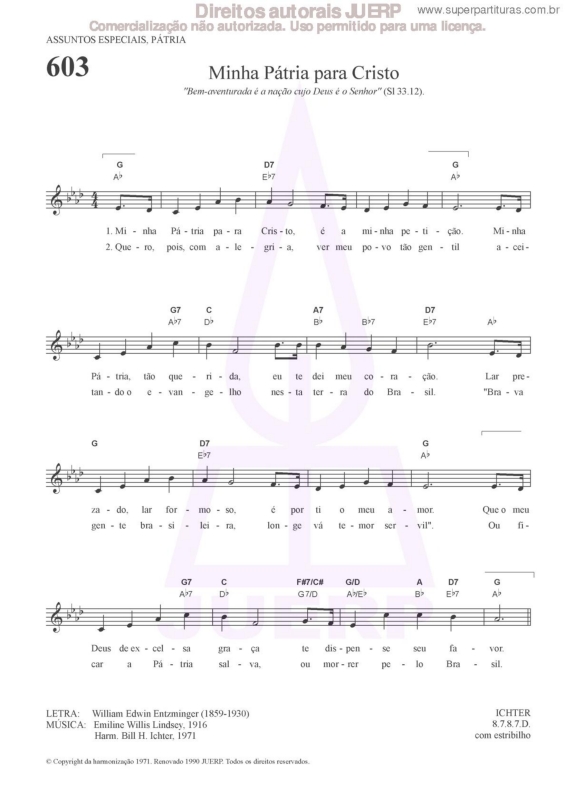 Partitura da música Minhas Pátria Para Cristo - 603 HCC