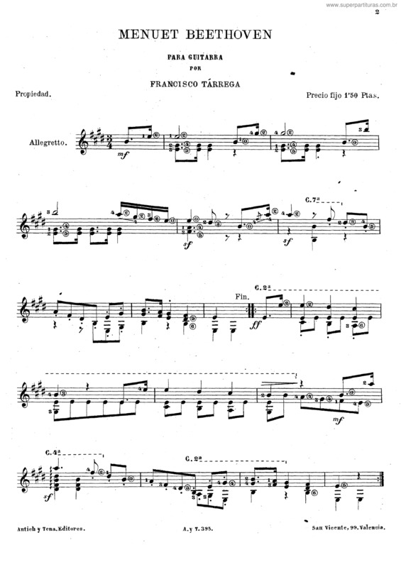 Partitura da música Minuet de Beethoven