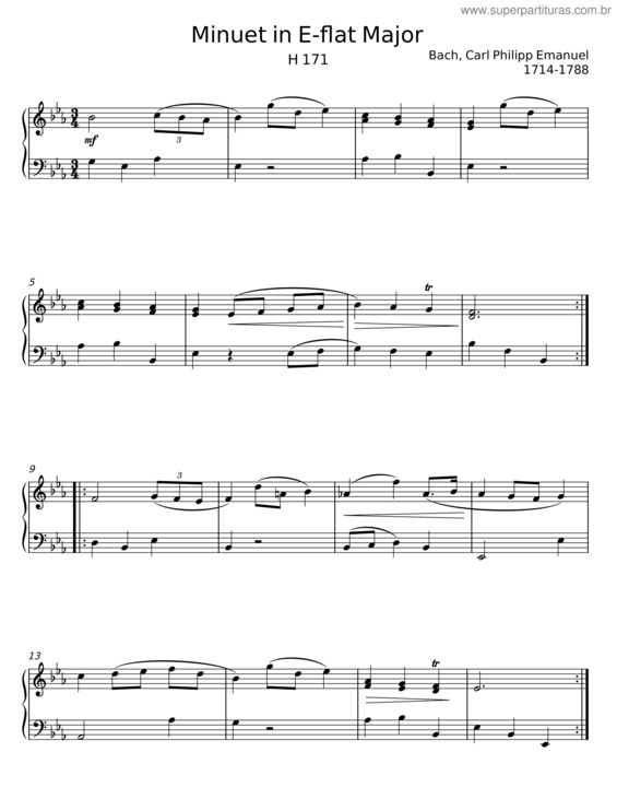 Partitura da música Minuet In E Flat Major, H 171 – Carl Philipp Emanuel Bach