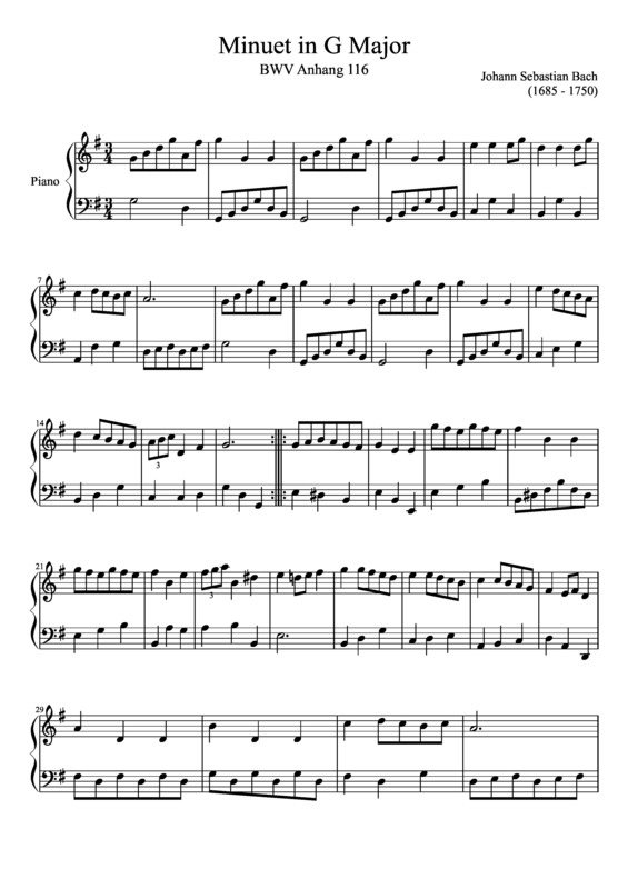 Partitura da música Minuet In G Major BWV 116