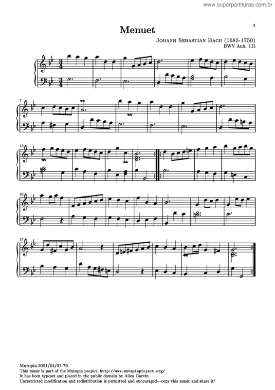 Partitura da música Minuet in G minor
