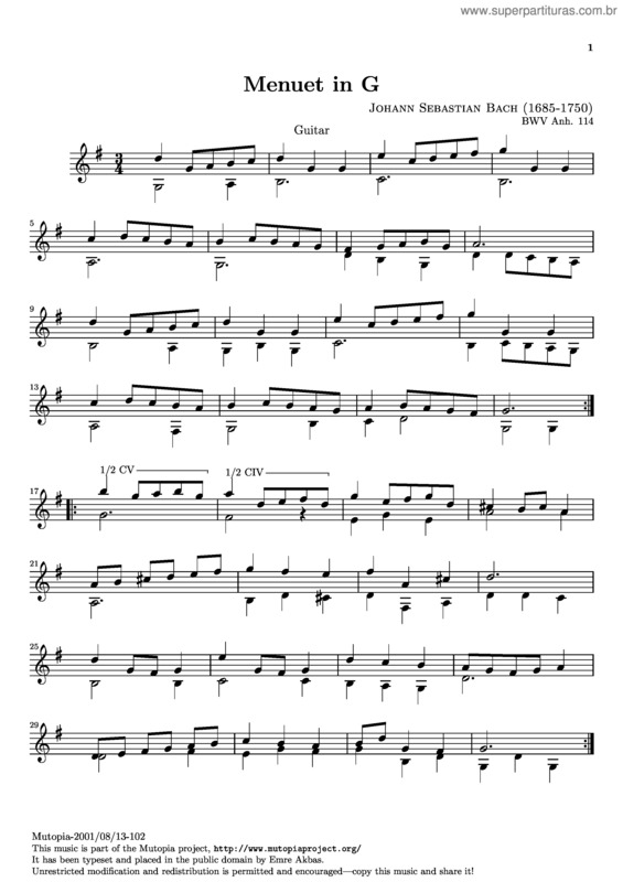 Partitura da música Minuet in G v.2
