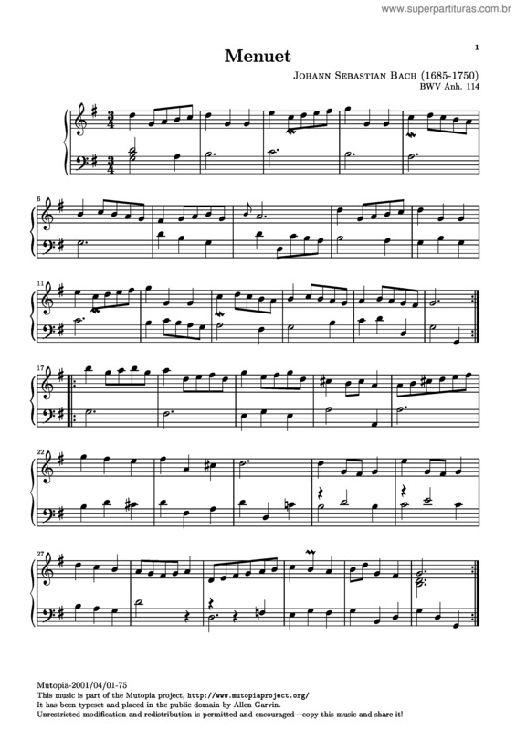 Partitura da música Minuet in G