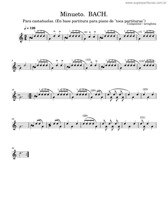 Partitura da música Minueto. Bach.Mscx