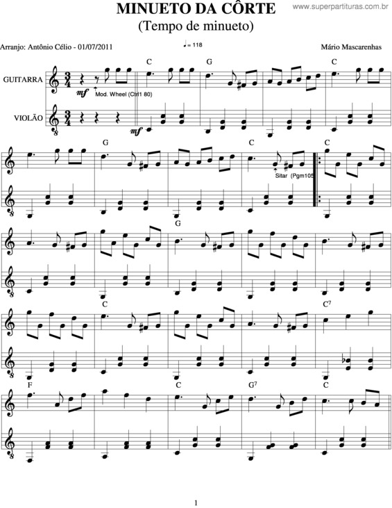 Partitura da música Minueto Da Côrte