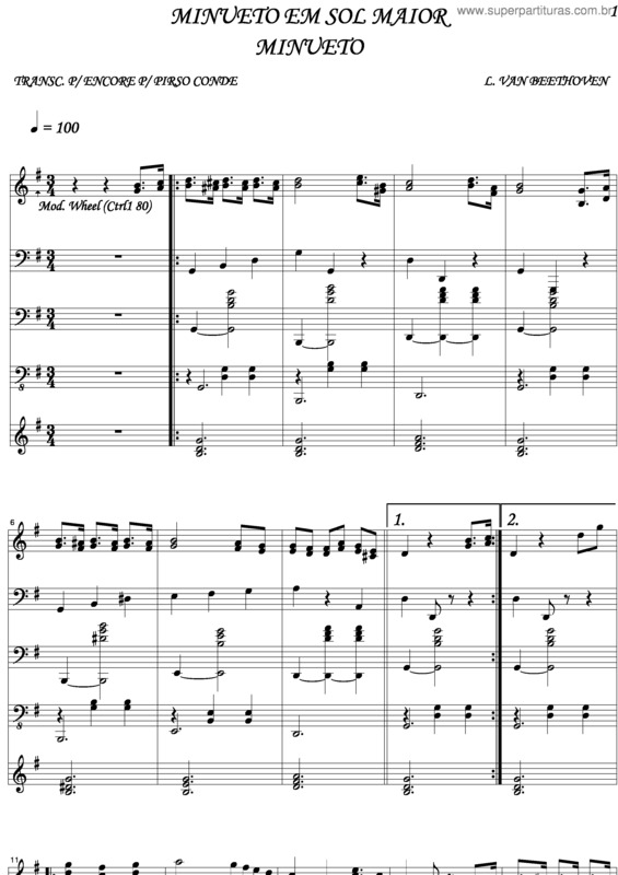 Partitura da música Minueto Em Sol Maior v.2