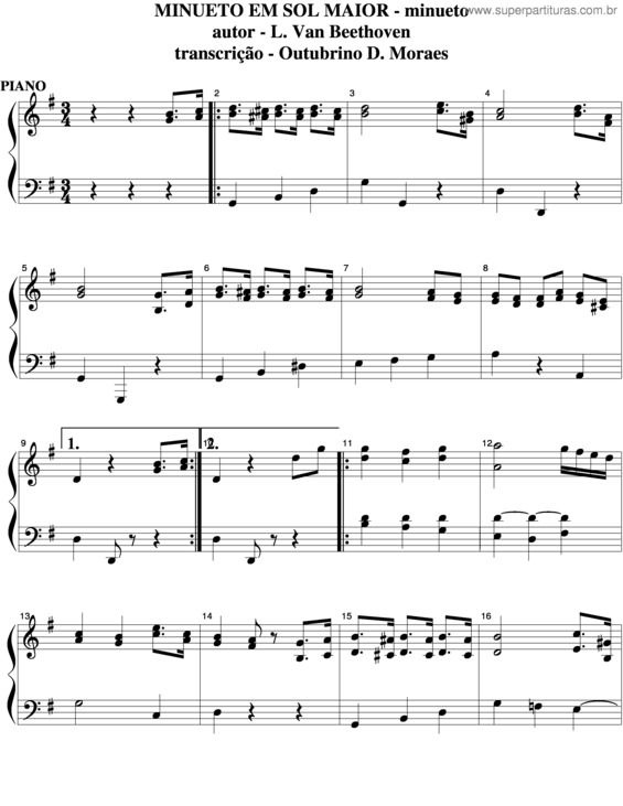 Partitura da música Minueto Em Sol Maior v.6