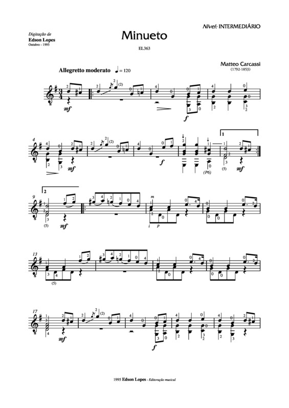 Partitura da música Minueto em Sol v.3