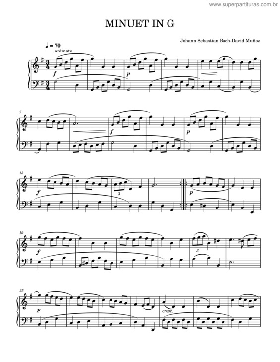 Partitura da música Minueto En Sol Bach Original