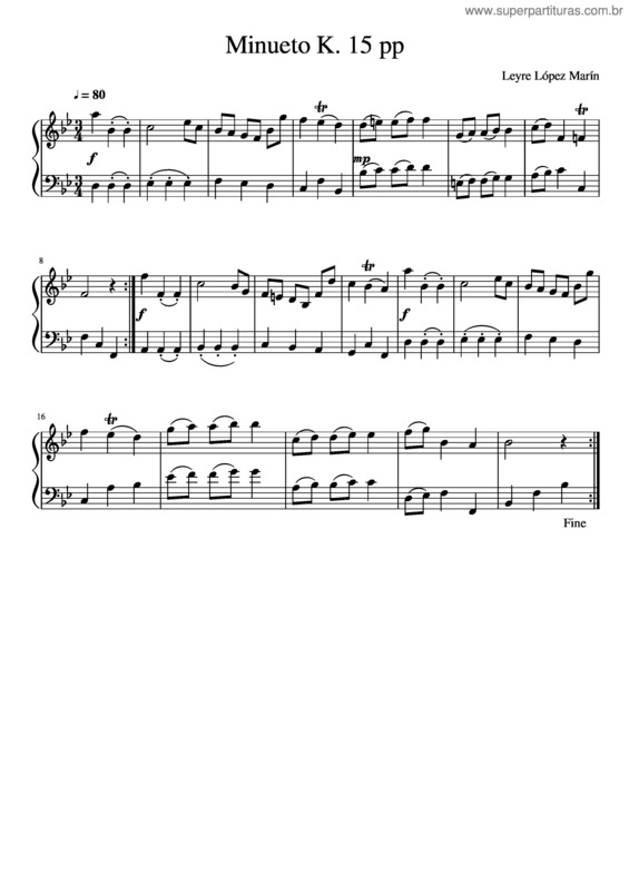 Partitura da música Minueto K. 15 Pp
