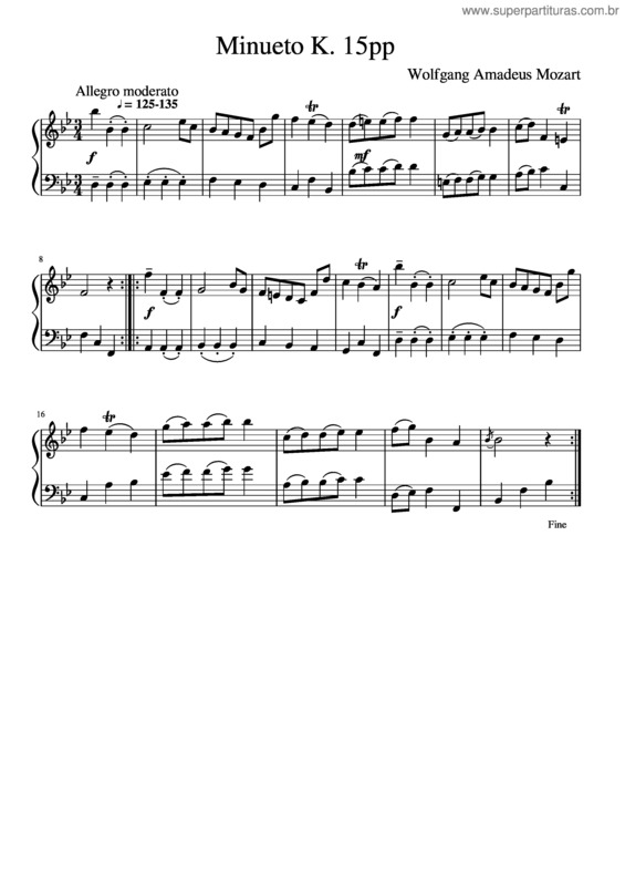 Partitura da música Minueto K. 15Pp
