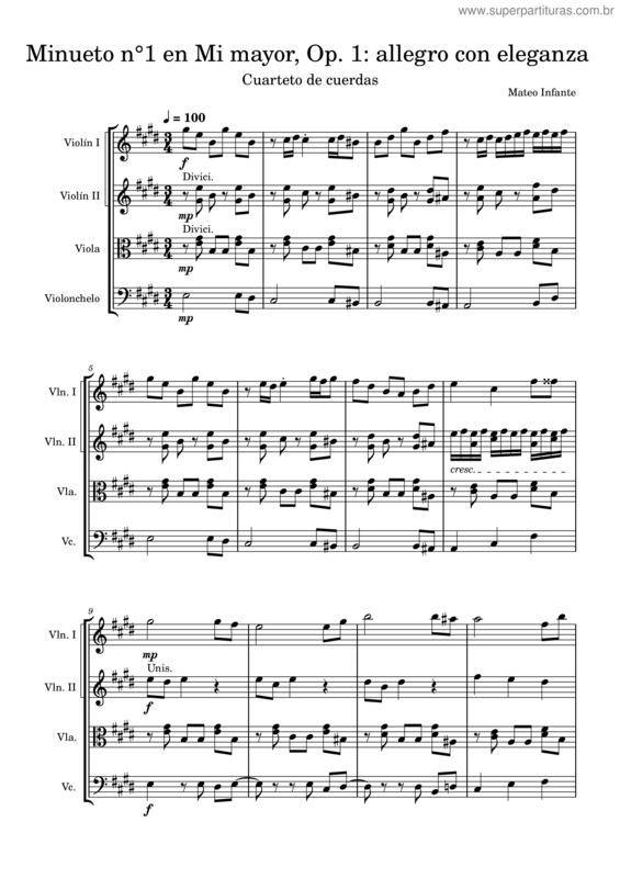 Partitura da música Minueto N°1 En Mi Mayor, Op. 1: Allegro Con Eleganza