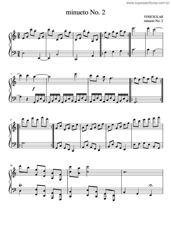 Partitura da música Minueto No. 2