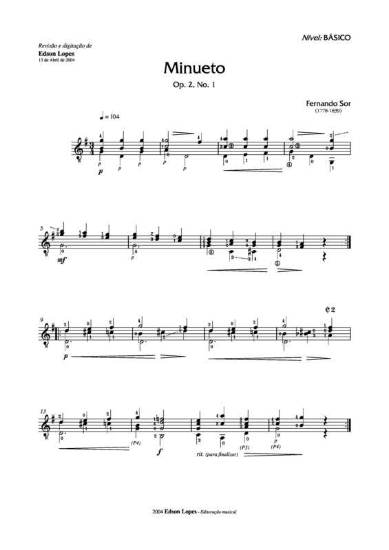 Partitura da música Minueto Op. 2 Nr 1