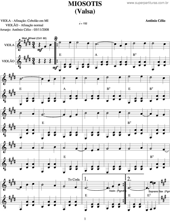 Partitura da música Miosótis v.2