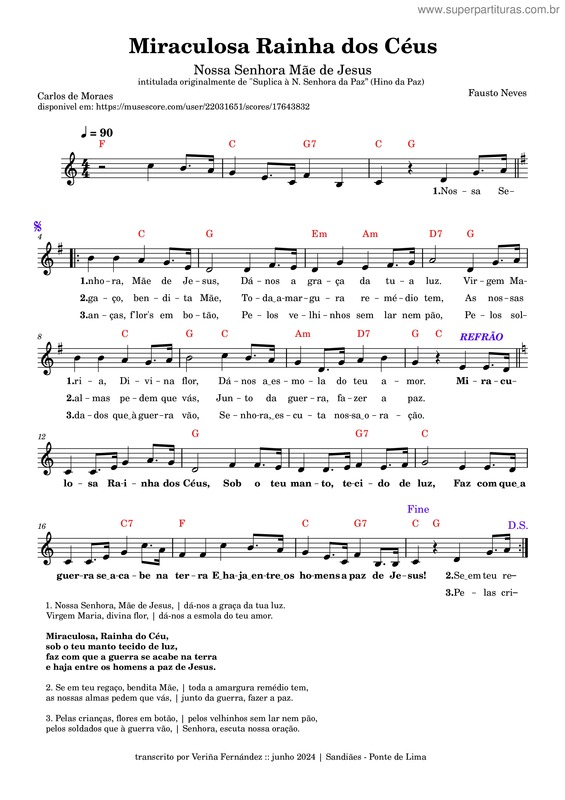Partitura da música Miraculosa Rainha Do Céus