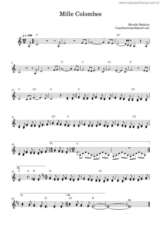Partitura da música Mireille Mathieu – Mille Colombes 1977