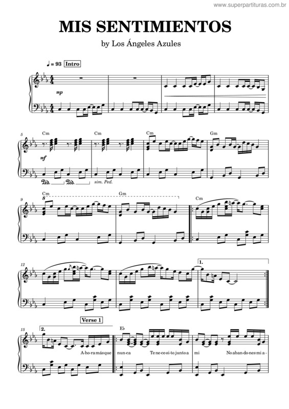 Partitura da música Mis Sentimientos – Los Ángeles Azules
