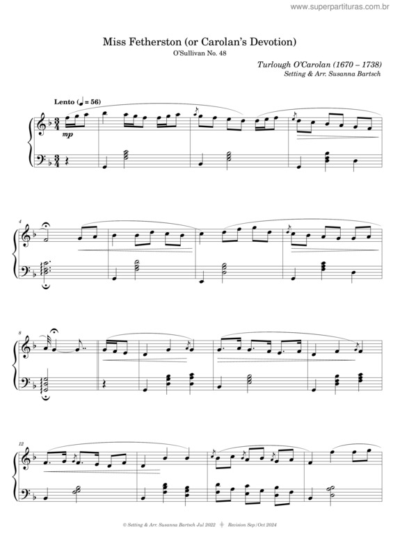 Partitura da música Miss Fetherston Or Carolan`S Devotion – Turlough O`Carolan / Arr.