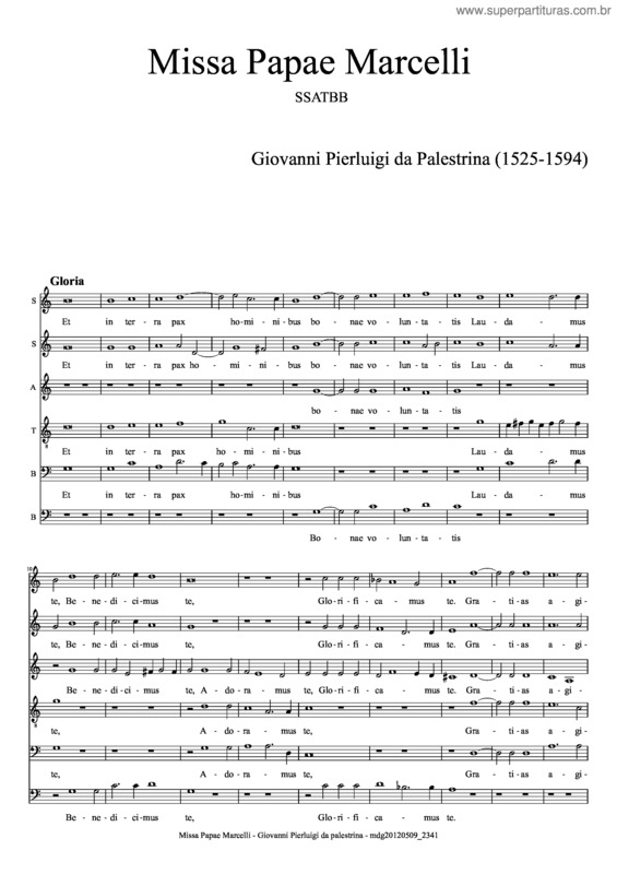 Partitura da música Missa Papae Marcelli – Gloria – Palestrina