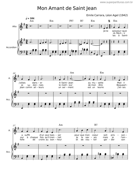Partitura da música Mon Amant De Saint–Jean – Paroles : Léon Agel  –  Musique : Emile Carrara