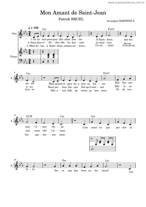 Partitura da música Mon Amant De Saint Jean – Patrick Bruel Mon Amant De Saint Jean