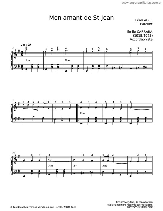 Partitura da música Mon Amant De St–Jean – Emile Carrara;Léon Agel