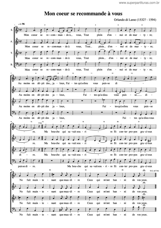 Partitura da música Mon Coeur Se Recommande Vous – Orlando Di Lasso
