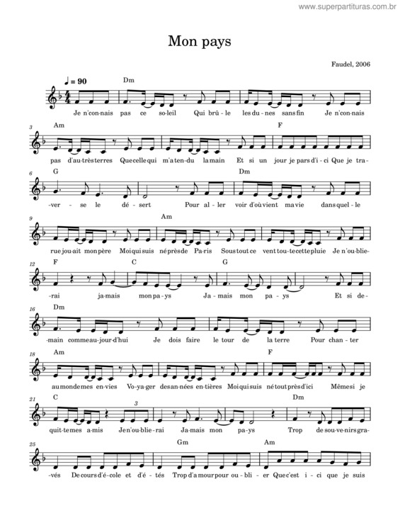 Partitura da música Mon Pays – Faudel