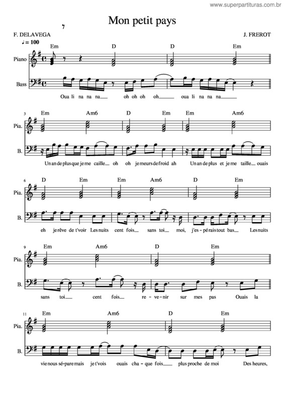 Partitura da música Mon Petit Pays